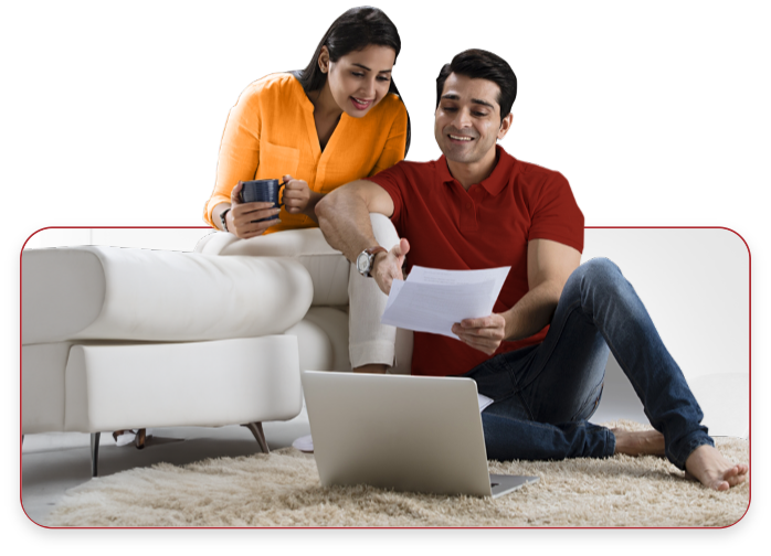 Couple using calculator